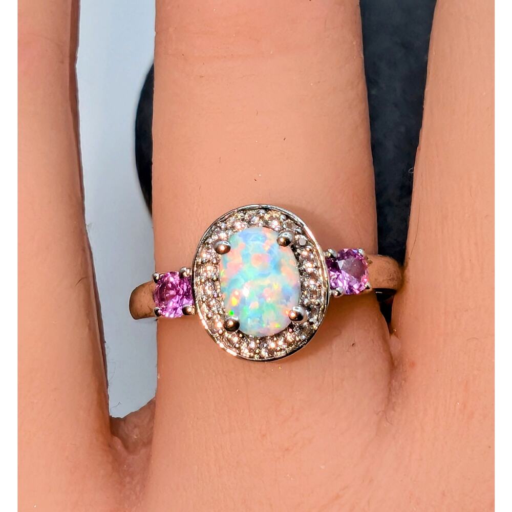 925 Sterling Oval Lab-Grown Pink Opal Cabochon & Pink White Spinel Sz 6.75
